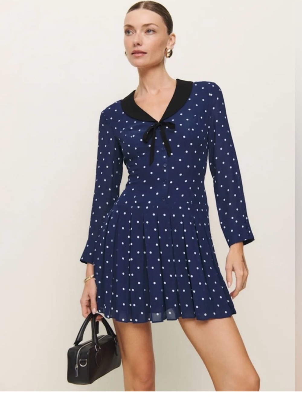 Reformation Tamia Navy Polka Dot Tie-Neck Pleated Dress